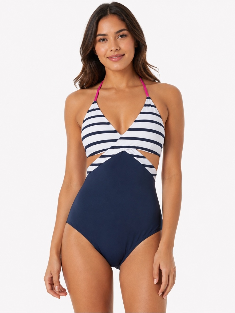 Lands' End Navy and White Striped One Piece Swimsuit